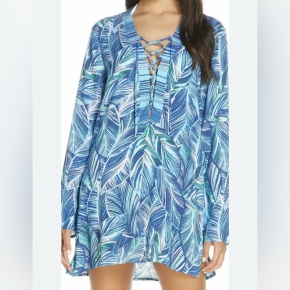 LA BLANCA Sketched Leaves Long Sleeve Tunic Swim Cover-Up Large - Picture 1 of 13